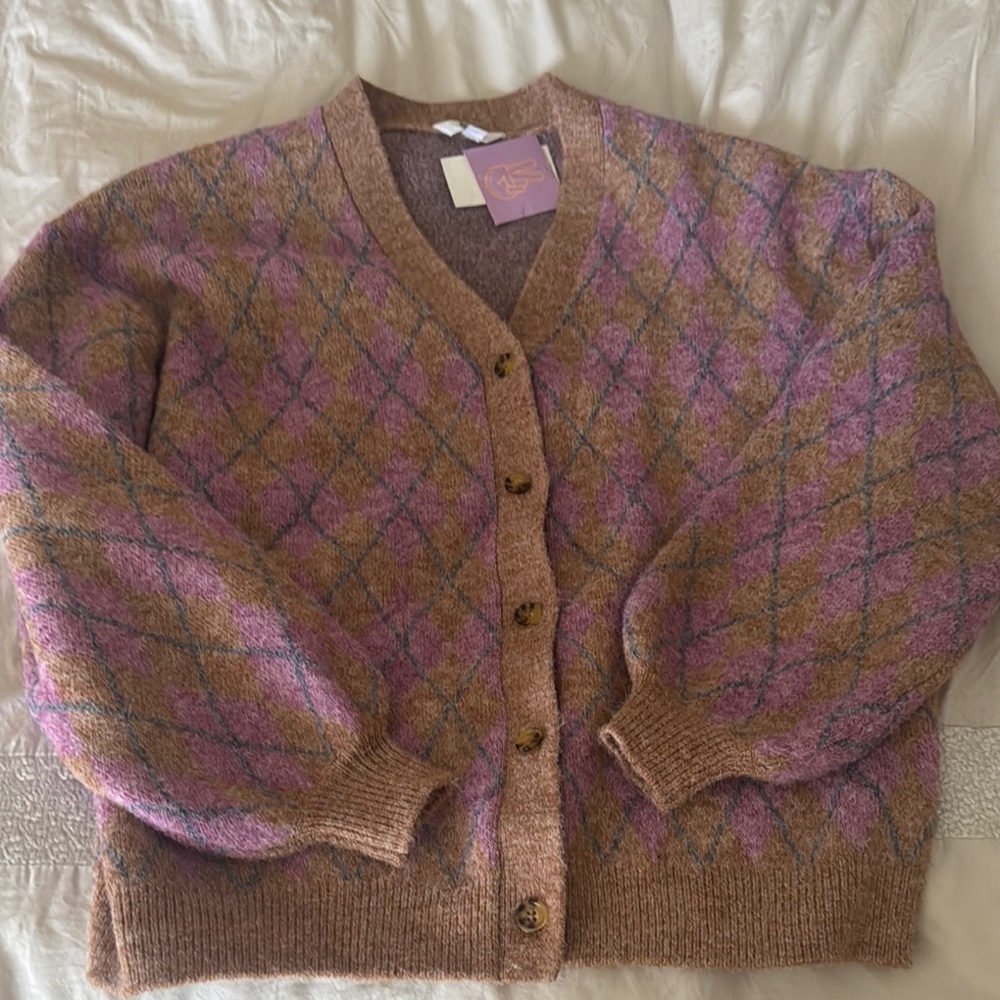 Brown and Pink Argyle Cardigan Sweater by Ascot and Heart